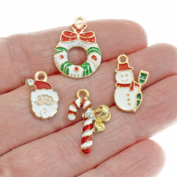 Christmas Enamel Charm Set, Wreath, Candy Cane, Snowman & Santa