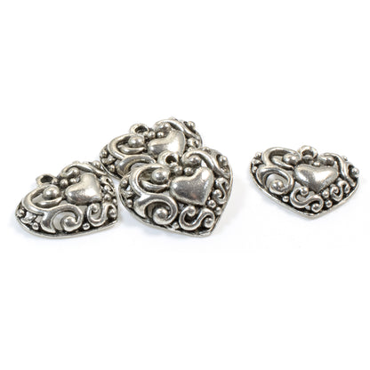 10 Silver Heart Pendants, Romantic Scroll Design Charms for Jewelry Making