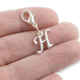 Silver Letter "H" Clip On Charm, Cursive Script Initial Dangle + Lobster Clasp