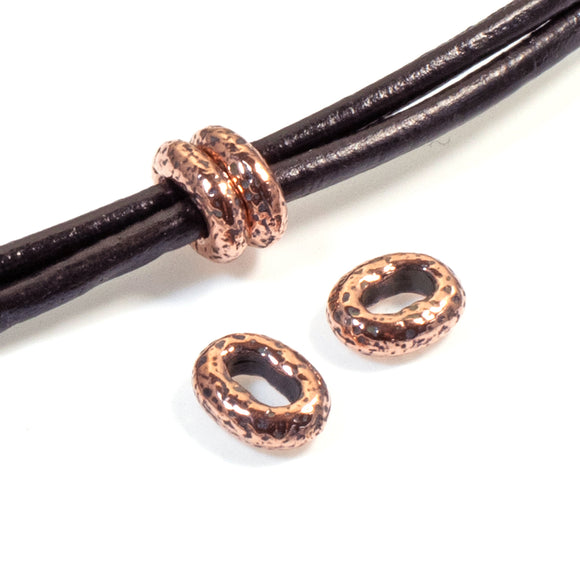 4 Copper Distressed Oval Beads, TierraCast Leather Cord Pewter Beads for Wrap Bracelets