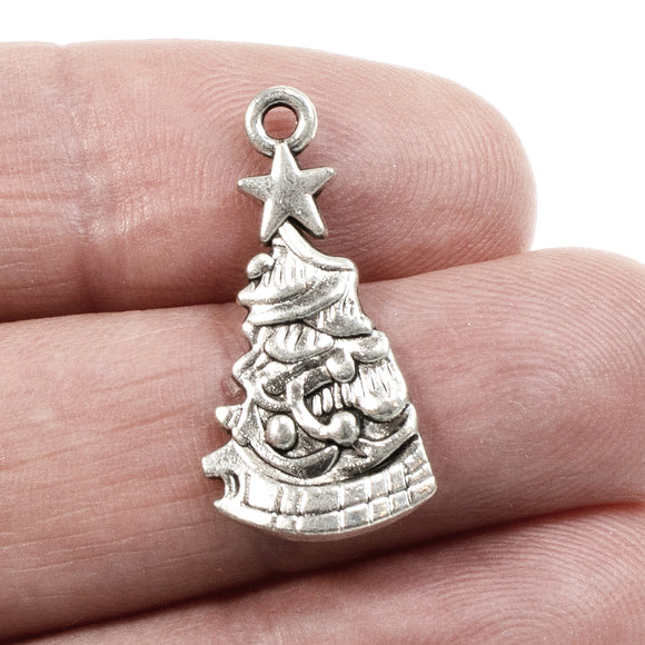 Silver Decorated Christmas Tree Charms, Metal Holiday Charm 12/Pkg