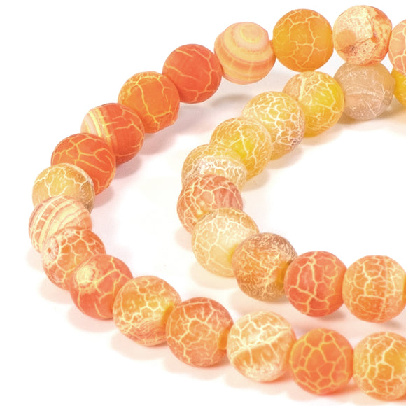 Bright Orange 6mm Frosted Crackle Dragon Vein Agate Beads, 64/Pcs