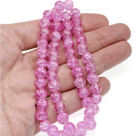 50 Pink Glass Crackle Beads, 8mm Round Beads for DIY Jewelry Projects