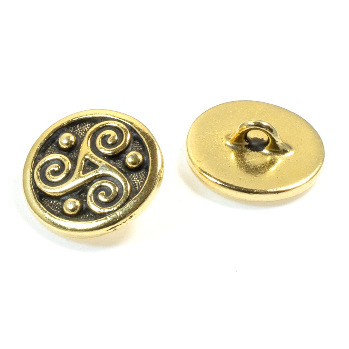 2 Gold Triple Spiral Celtic Buttons, Triskele Symbol, Shank Back