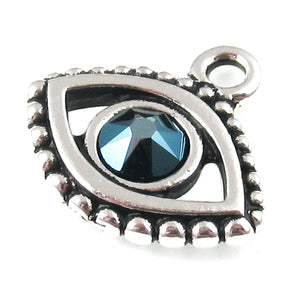 2 Silver Evil Eye + European Sapphire Blue Crystal Charms, TierraCast Pendants