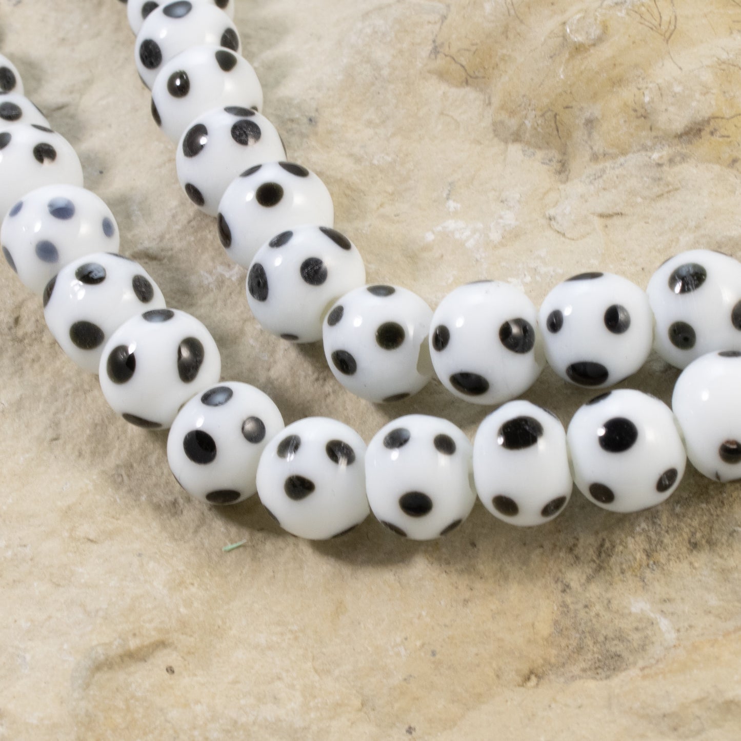 White & Black Polka Dot Beads - 8mm Dotted Glass Beads - Handmade Lampwork