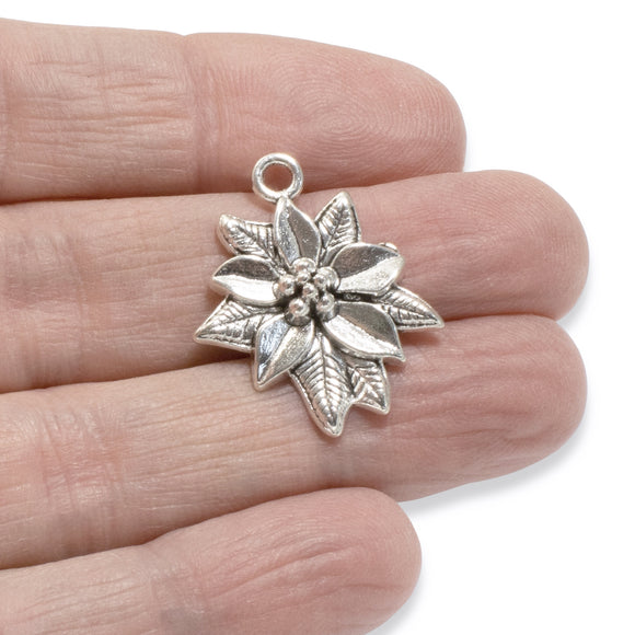 6 Silver Poinsettia Pendants - Festive Christmas Charms - Holiday Jewelry Making