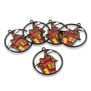 Enamel Haunted House Charms, Fall Halloween Metal Pendants 5/Pkg