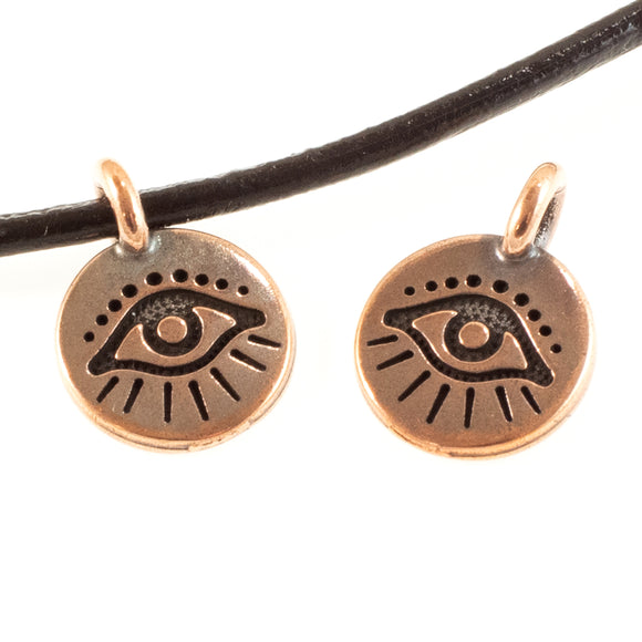 2 Copper Evil Eye Charms - TierraCast Mystical Pendants - Large Hole For Leather Cord