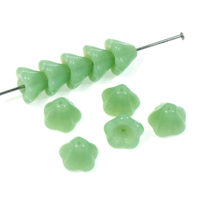 25 Opaque Jade Green Czech Glass Bell Flower Beads - 6x8mm for Jewelry Making