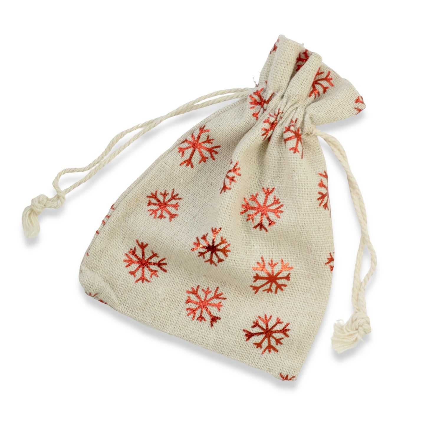 10 Tan and Red Metallic Snowflake Drawstring Bags for Christmas, Cloth Pouches