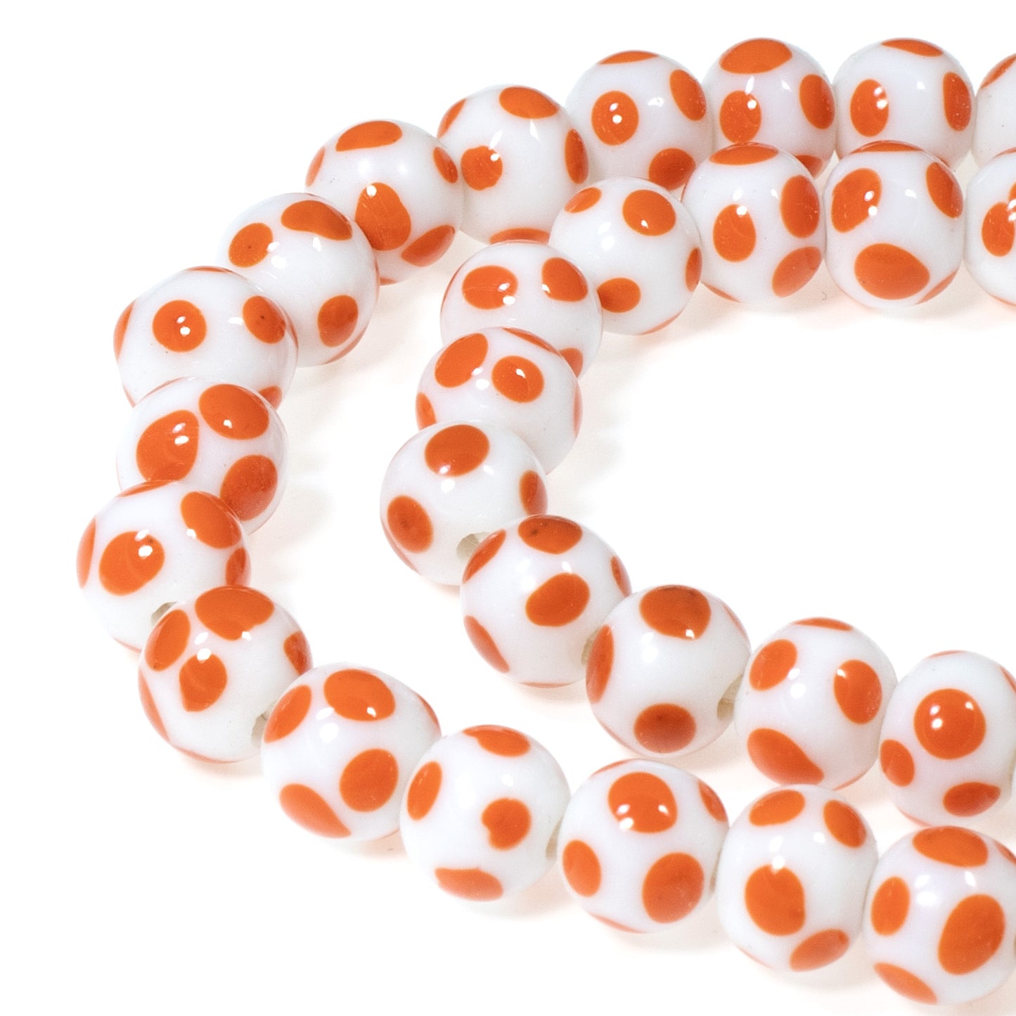 White & Orange 8mm Dotted Round Glass Beads, Handmade Lampwork, 56Pcs