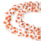 White & Orange 8mm Dotted Round Glass Beads, Handmade Lampwork, 56Pcs