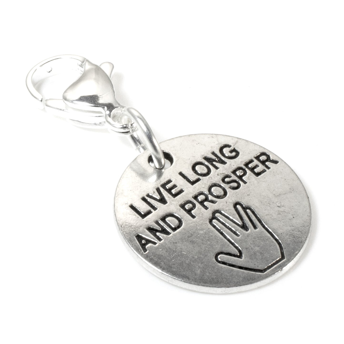 Silver "Live Long and Prosper" Charm - Clip-on Sci-Fi Handbag Accessory with Stainless Steel Clasp - Great for Backpacks & Keychains