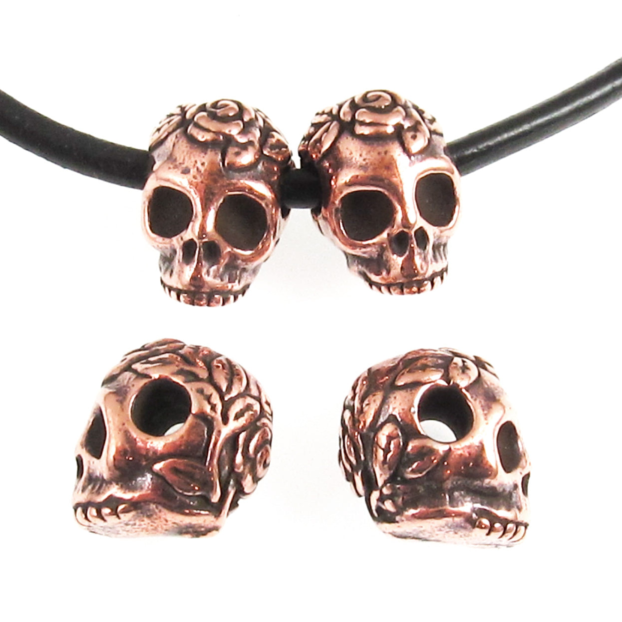 4 Copper Rose Skull Beads, Side Drilled, Large Hole, Intricate Design