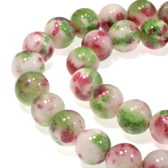 10mm Pink & Green Round Jade Beads, Dyed Gemstone Beads 40 Pcs