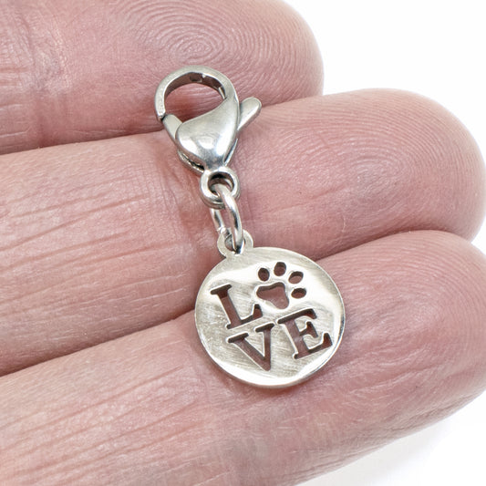 Paw Print Love Charm, Stainless Steel Clip-On for Dog Collars & Accessories