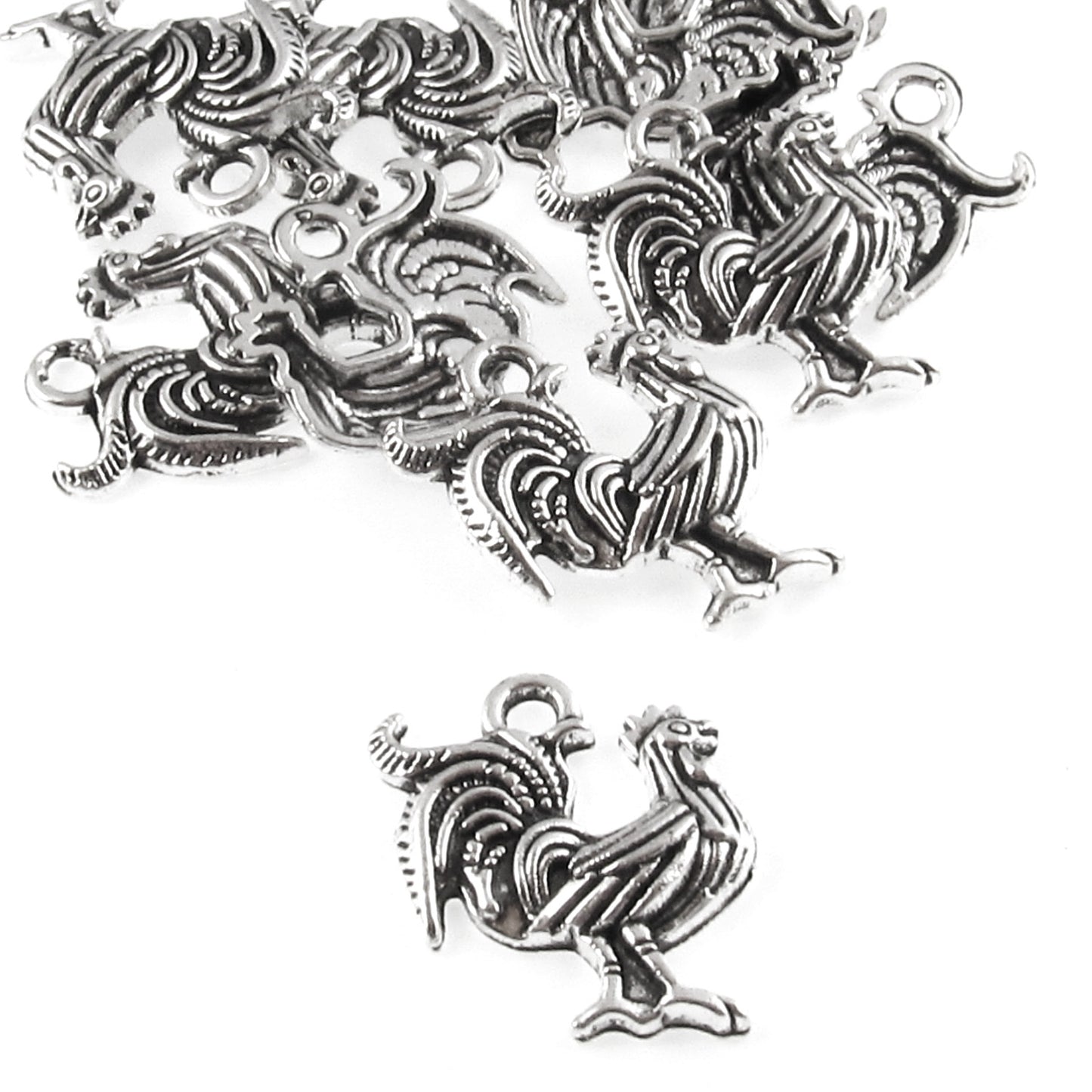 10 Rooster Charms - Silver Rustic Chicken Pendants - DIY Jewelry and Crafts