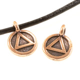 2 Copper Triangle Recovery Charms, TierraCast Round Sobriety AA Symbol
