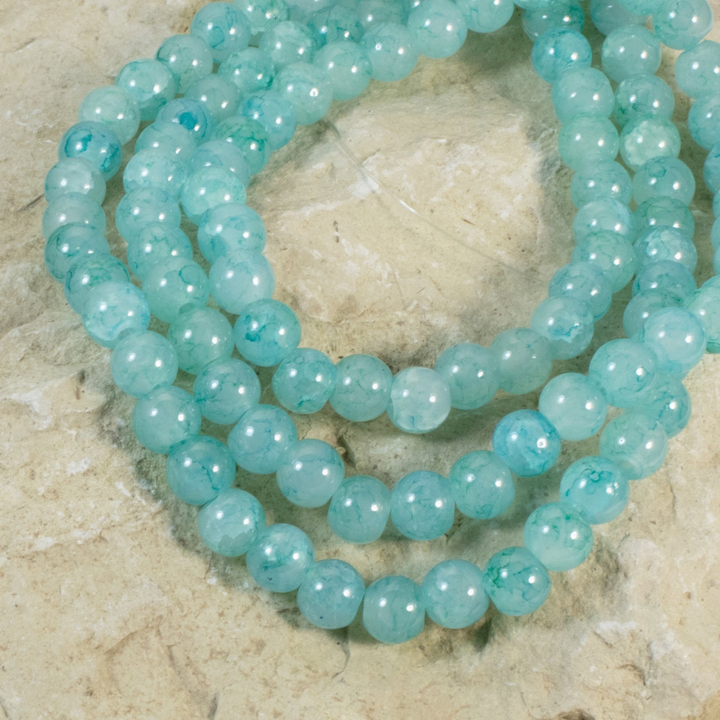 6mm Aqua Blue Green Dragon Vein Glass Beads, Round Beads + Veining 100/Pkg