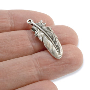 5/Pkg Silver Feather Pendants, TierraCast Free Spirit Boho Charms 30mm
