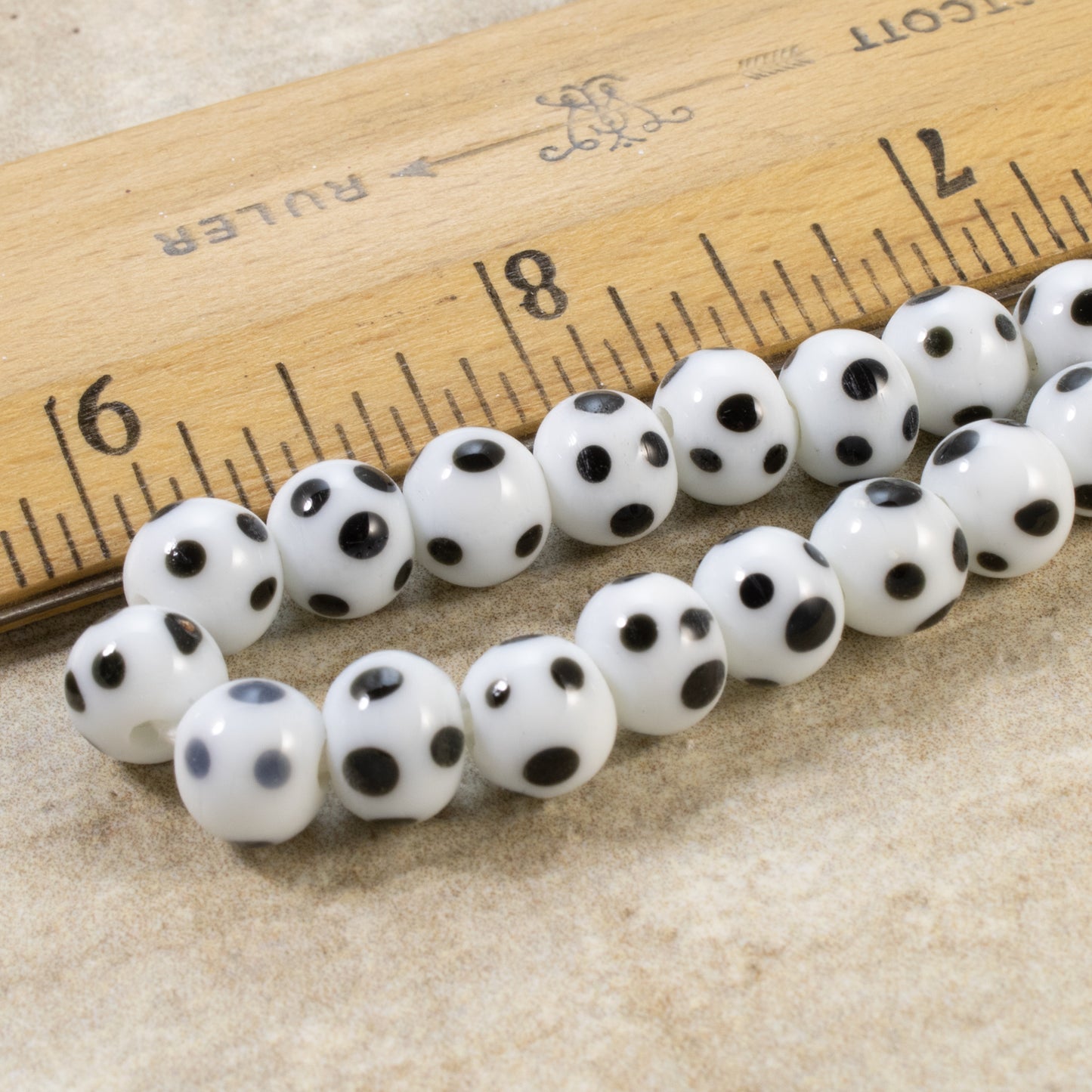 White & Black Polka Dot Beads - 8mm Dotted Glass Beads - Handmade Lampwork