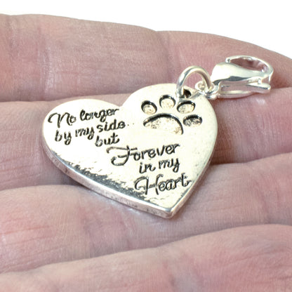 Silver No Longer By My Side Paw Print Heart Clip-on Charm, Pet Memorial Pendant