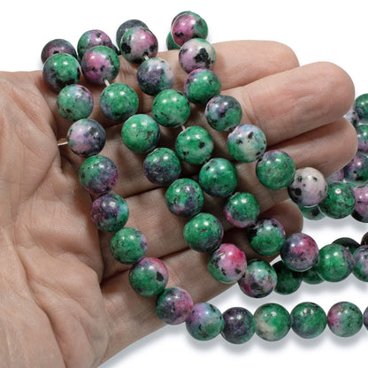 10mm Ruby Zoisite Beads, Round Green Pink Gemstone, Full Strand for DIY Jewelry