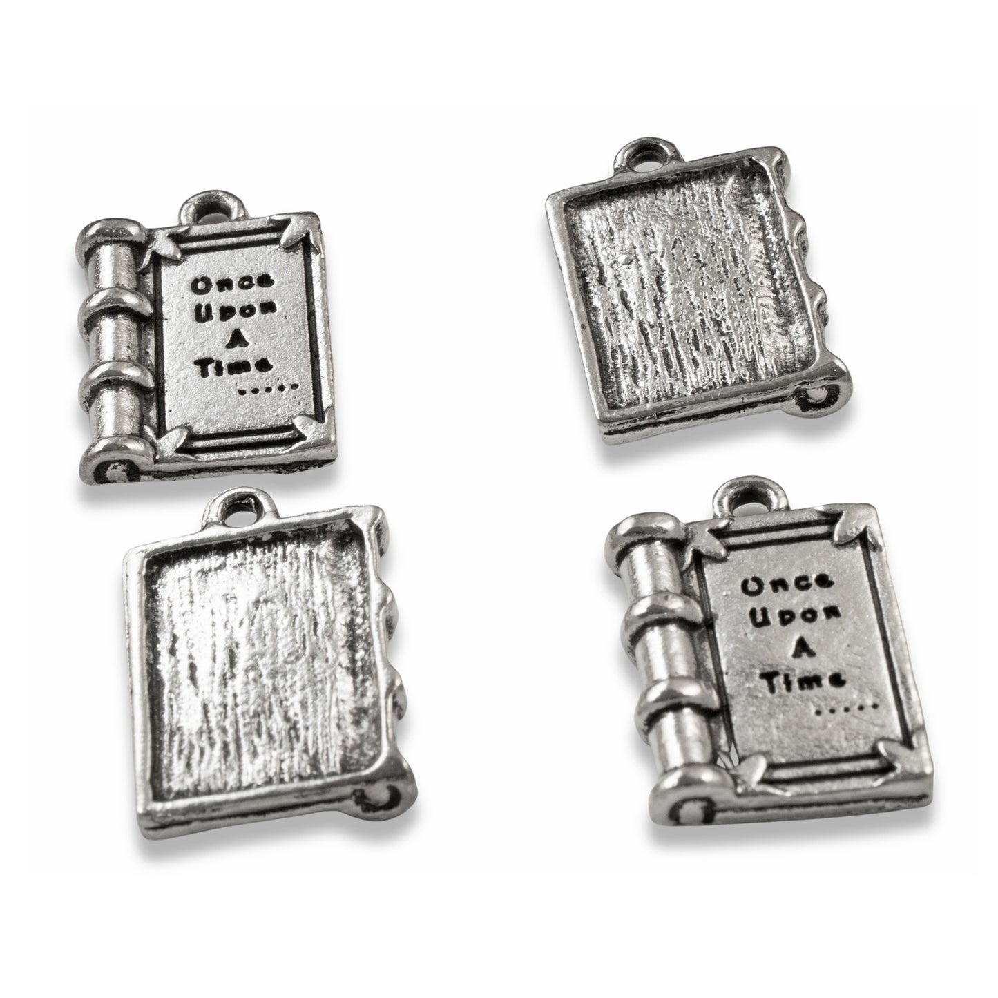 4 Silver Book Charms, "Once Upon a Time" Pendants for DIY Jewelry and Bookmarks