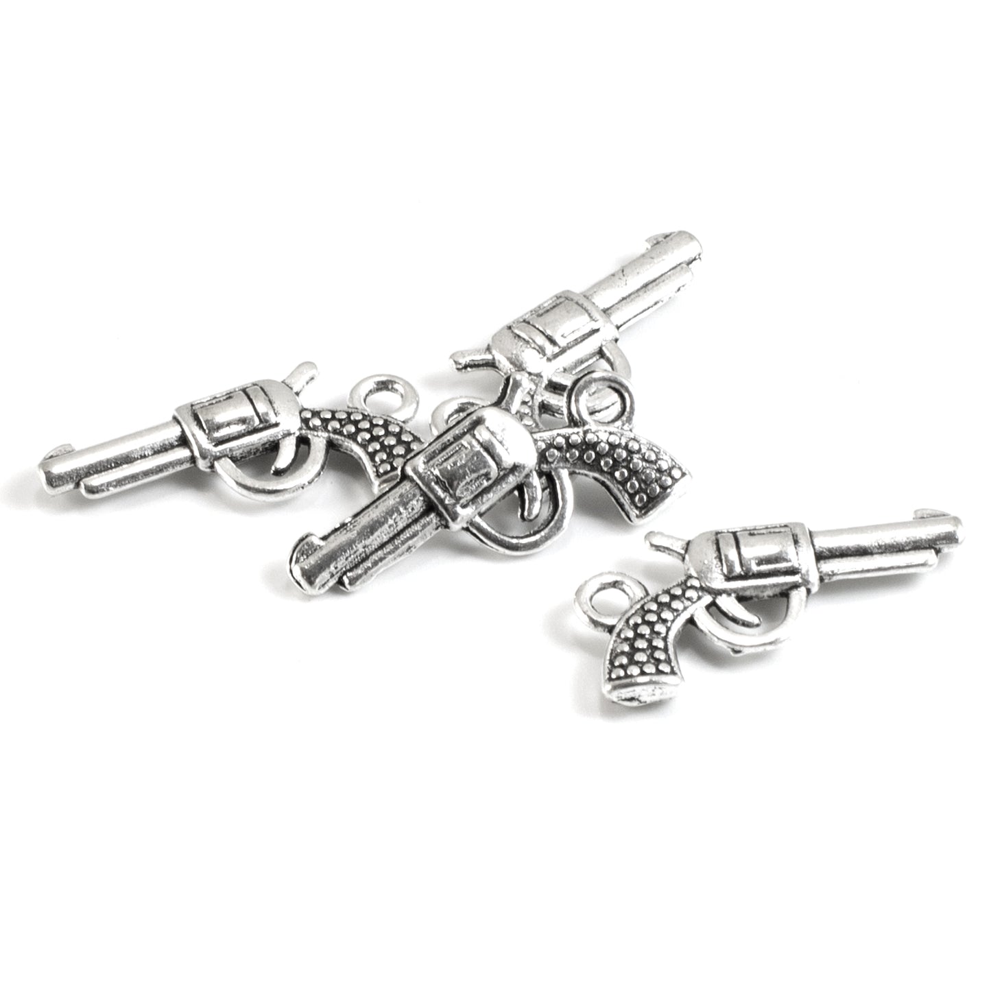 20 Silver Gun Charms - Vintage Revolver Pistol Design - Ideal for Jewelry & Crafts