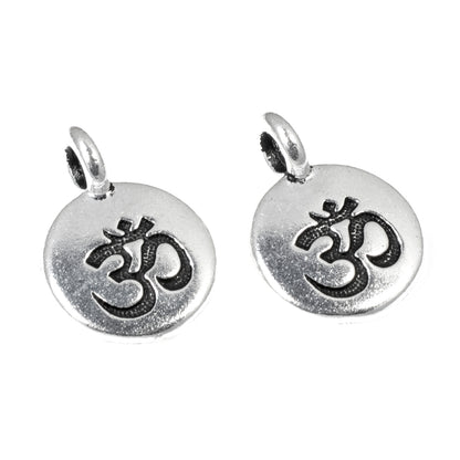 2 Silver Round Om Charms, TierraCast Hindu Ohm Pendants for Leather Cord