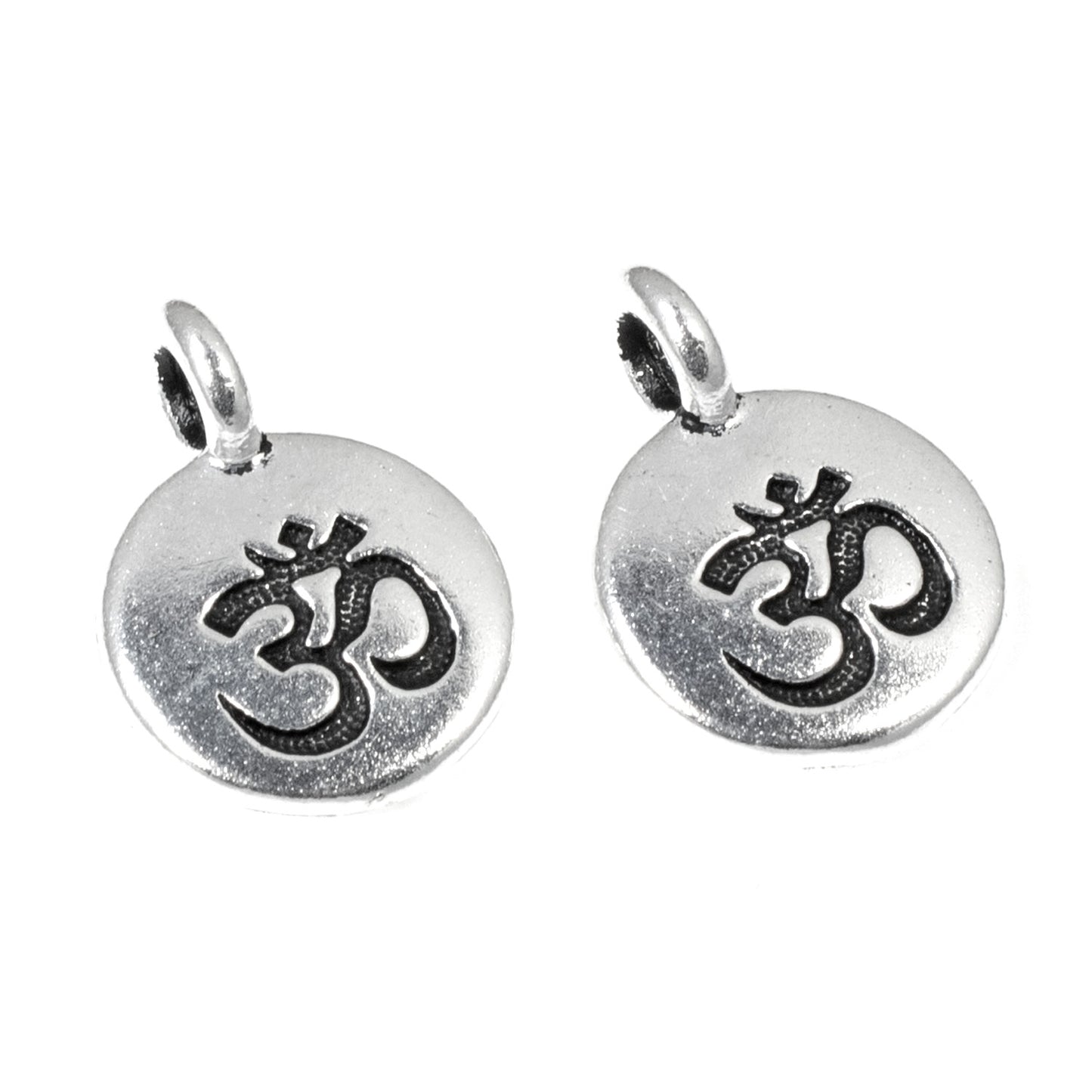 5 Silver Round Om Charms - TierraCast Hindu Ohm Pendants - Opposed Loop for Leather Cord