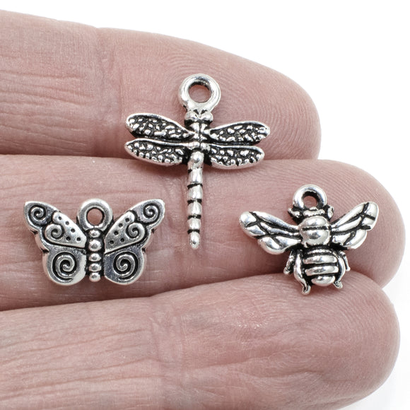 3 Pcs. Silver Dragonfly, Butterfly & Bee Charms, Insect Set for DIY Jewelry