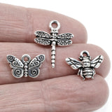 3 Pcs. Silver Dragonfly, Butterfly & Bee Charms, Insect Set for DIY Jewelry