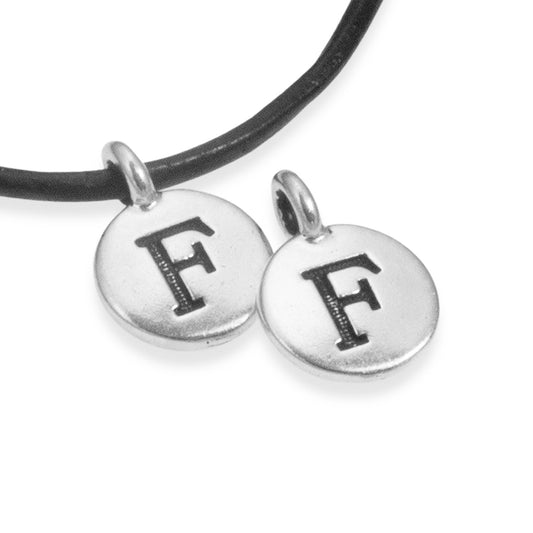 2Pc. Silver "F" Initial Charms, TierraCast Round Small Alphabet Letter