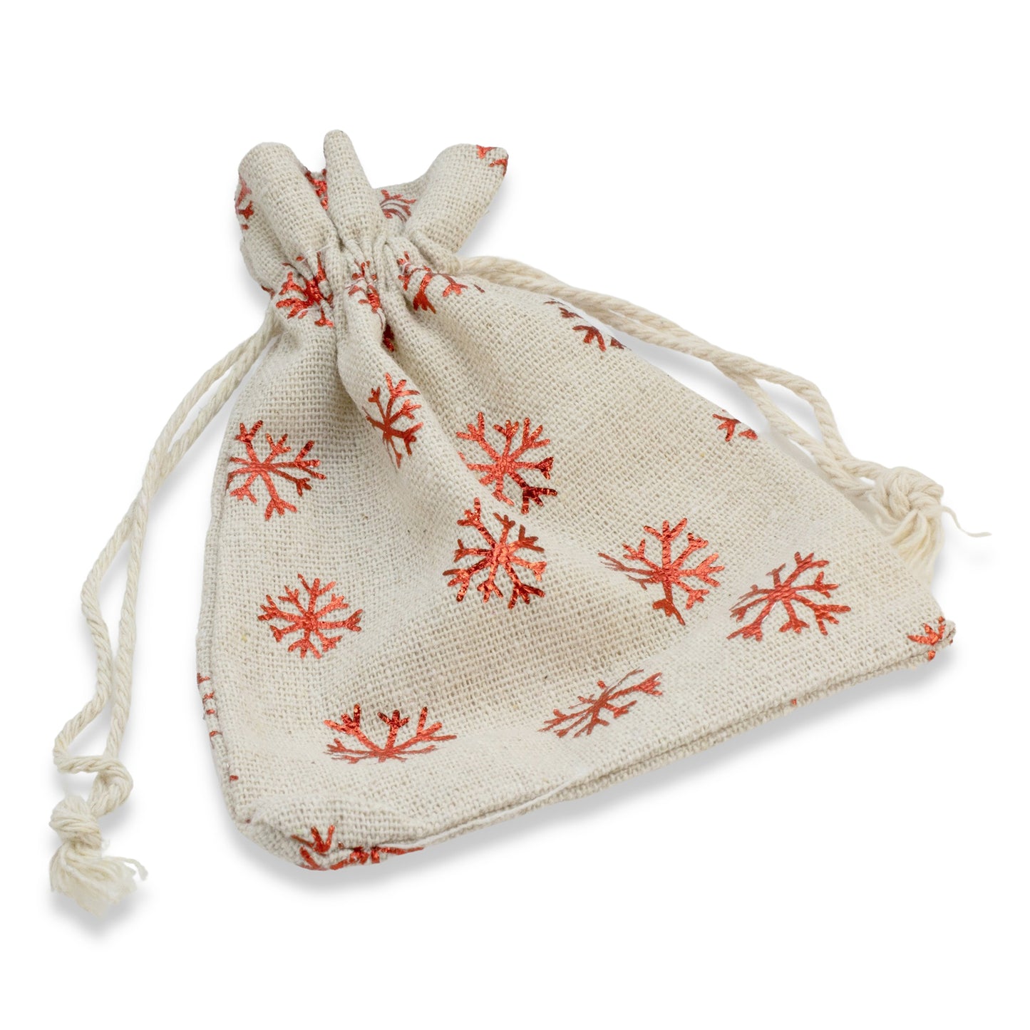 10 Tan and Red Metallic Snowflake Drawstring Bags for Christmas, Cloth Pouches