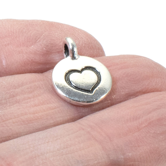 2 Silver Round Heart Charms, TierraCast Large Hole Love Pendants for Leather Cord