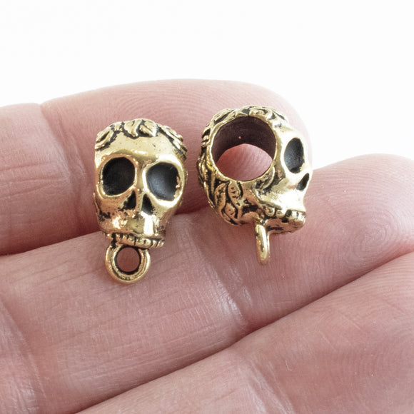 2 Gold Skull Bails with Large 6mm Holes, TierraCast Euro-Style Bails for Leather