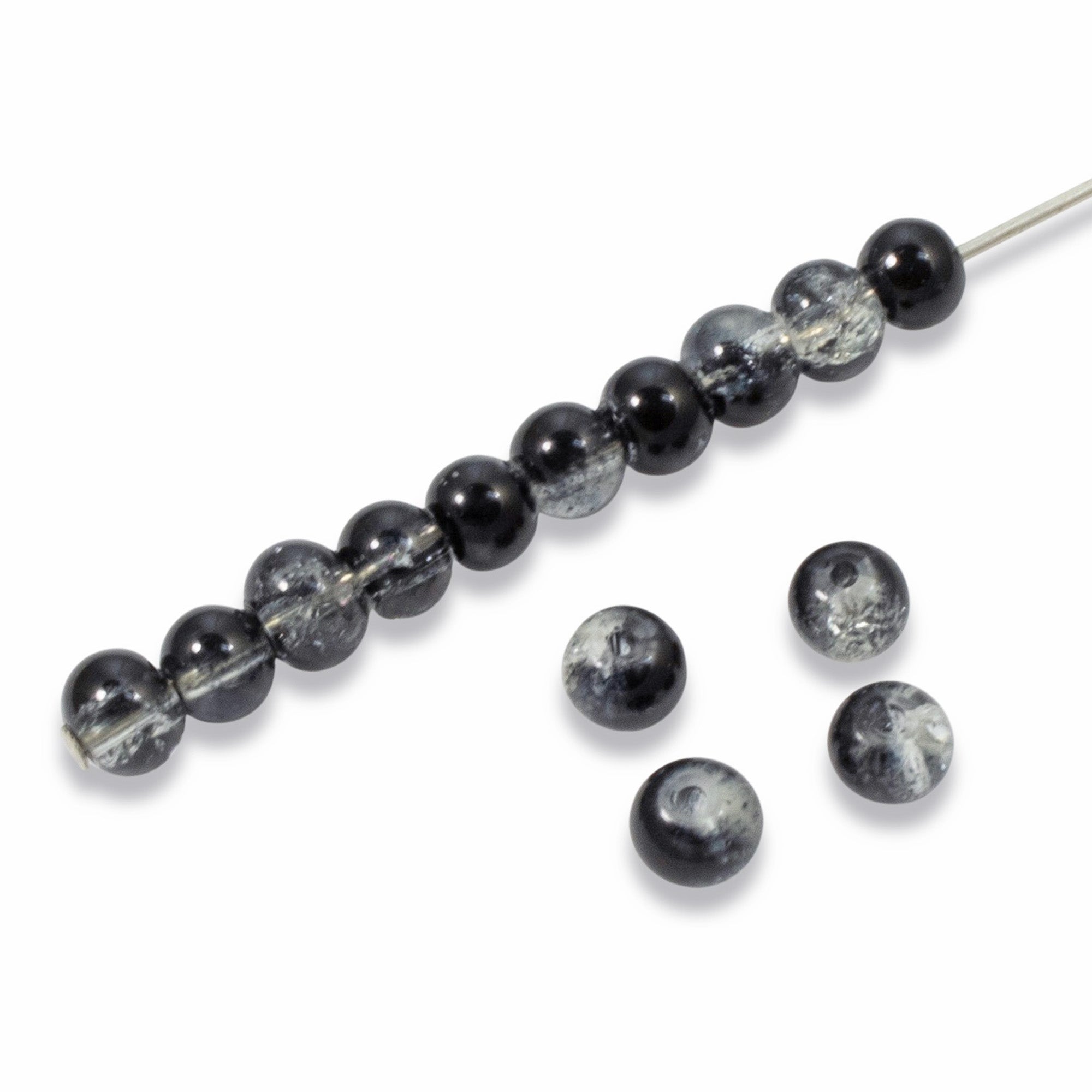 4mm Black & Clear Round Glass Crackle Beads