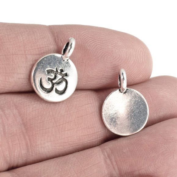 2 Silver Round Om Charms, TierraCast Hindu Ohm Pendants for Leather Cord