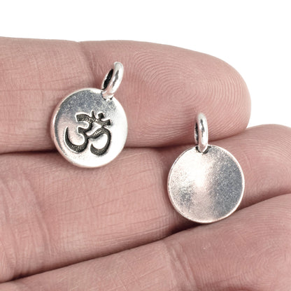 5 Silver Round Om Charms - TierraCast Hindu Ohm Pendants - Opposed Loop for Leather Cord