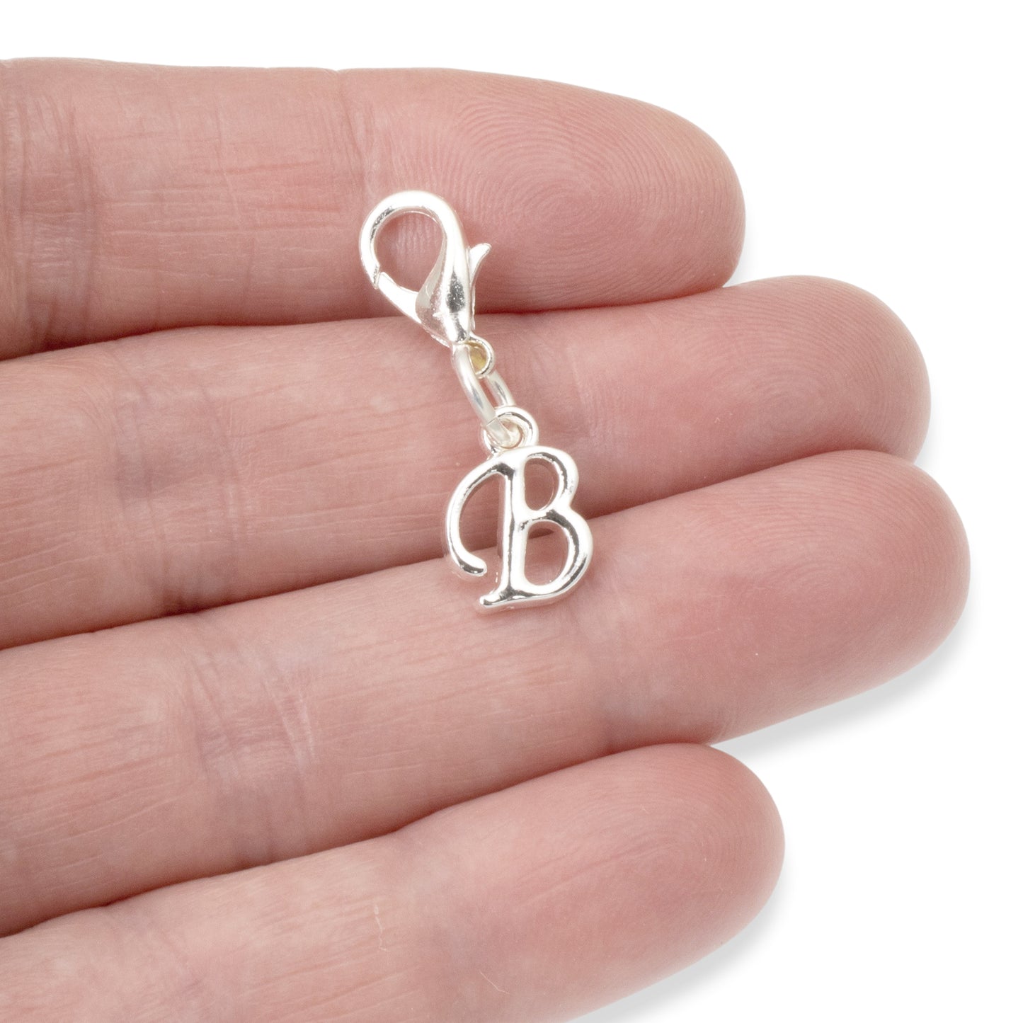 Silver Letter "B" Clip On Charm, Cursive Script Initial Dangle + Lobster Clasp