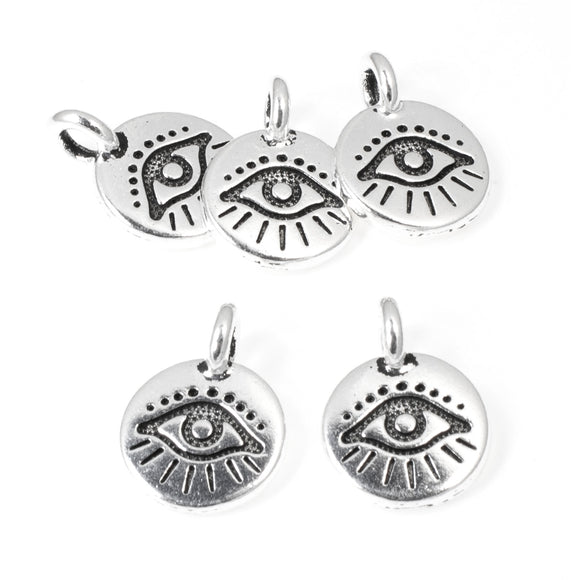 5 Silver Evil Eye Charms, TierraCast Mini Symbol Pendant for Leather Cord