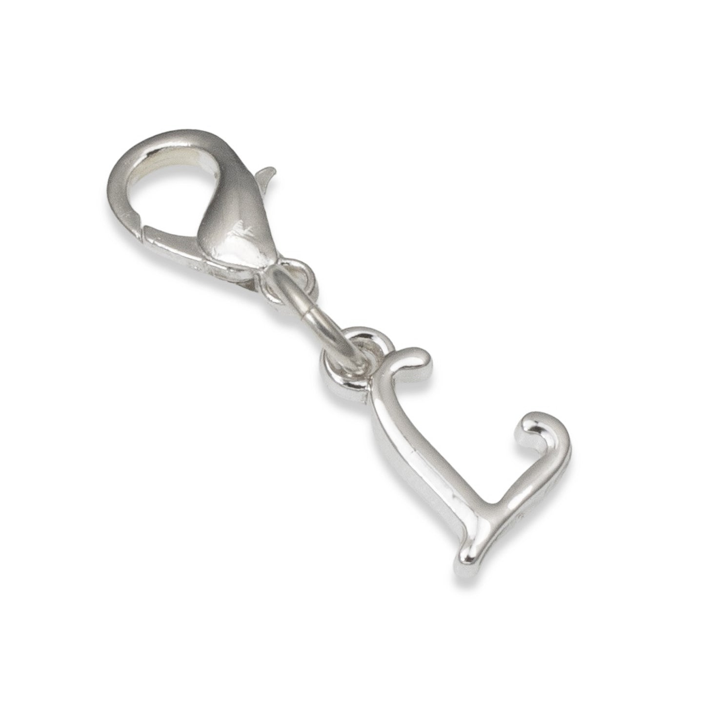 Silver Letter "L" Clip On Charm, Cursive Script Initial Dangle + Lobster Clasp